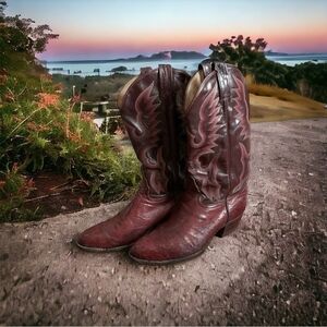Vintage Tony Lama Mens Cowboy Boots Size 9 Brown Burgundy Ostrich Skin Leather
